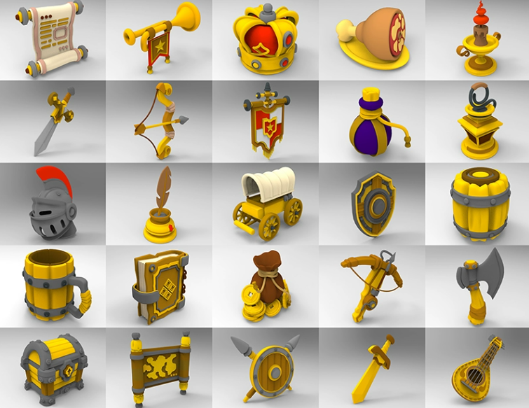 C4D FBX STL OBJ卡通道具喇叭弓箭宝箱地图宝剑盾牌蜡烛斧头模型-cg男孩