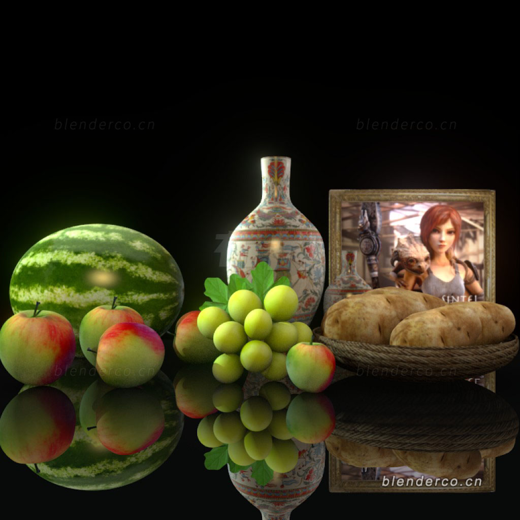 Blender水果西瓜苹果瓶子照片模型
