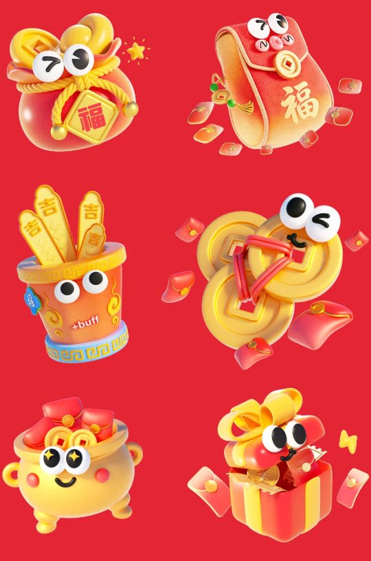 C4D春节喜庆国潮风卡通拟人风装饰元素OC渲染3D立体模型素材PNG
