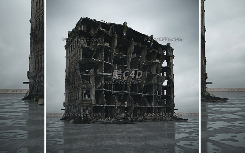 一酷C4D废弃楼房破旧房屋战损建筑废墟建筑模型-104