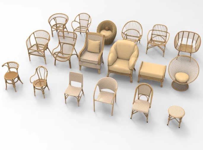 C4D中式藤编家具FBX椅子STL凳子OBJ躺椅Blender沙发三维模型素材