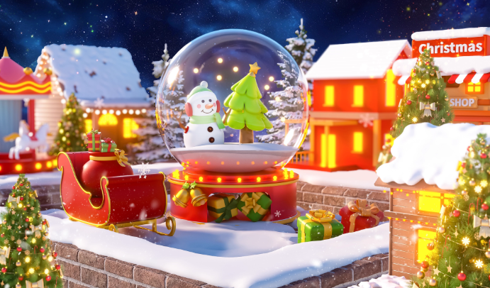 C4D圣诞节水晶球电商礼盒展台背景OC渲染3D立体场景
