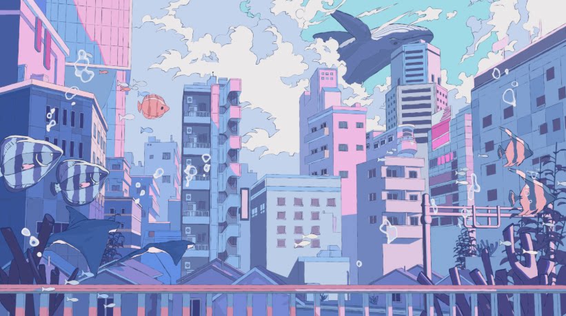 手绘风梦幻海底城市场景