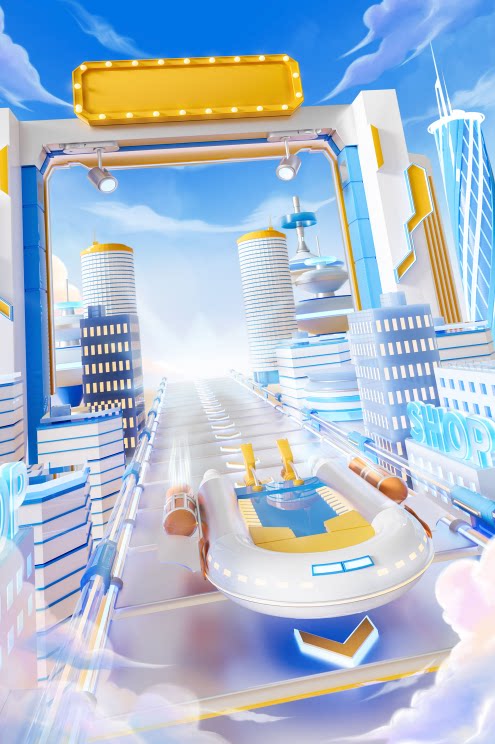 C4D科技风城市通道飞船电商背景OC渲染三维模型场景