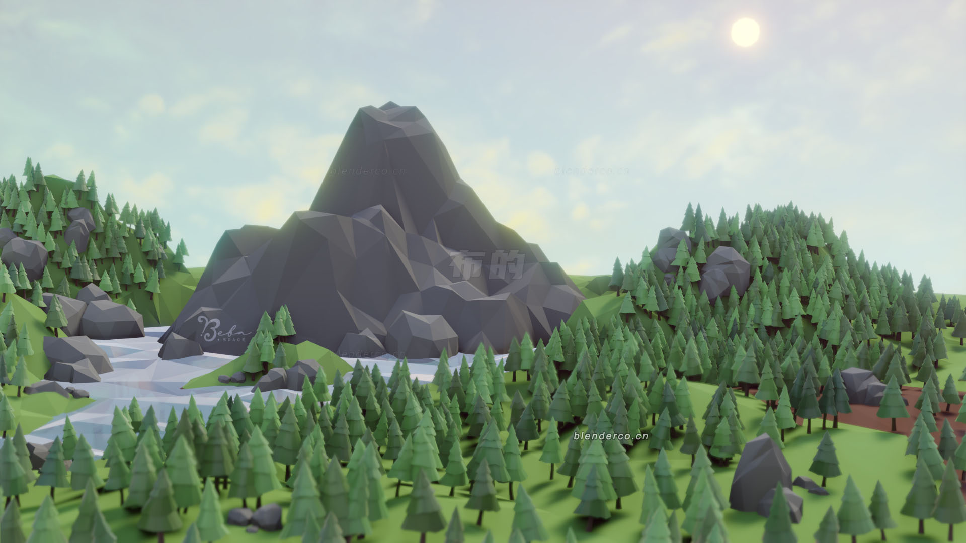 blender卡通场景森林大山顶场景blender布的