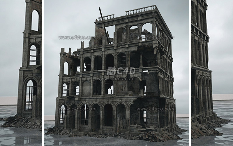 一酷C4D废弃楼房破旧房屋战损建筑废墟建筑模型-92