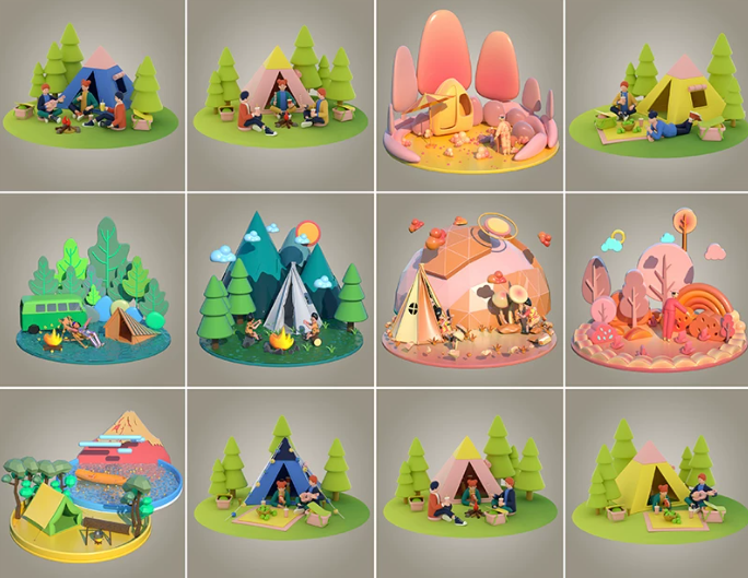 C4D卡通野外露营春游烧烤钓鱼户外活动山峰三维模型素材-cg男孩