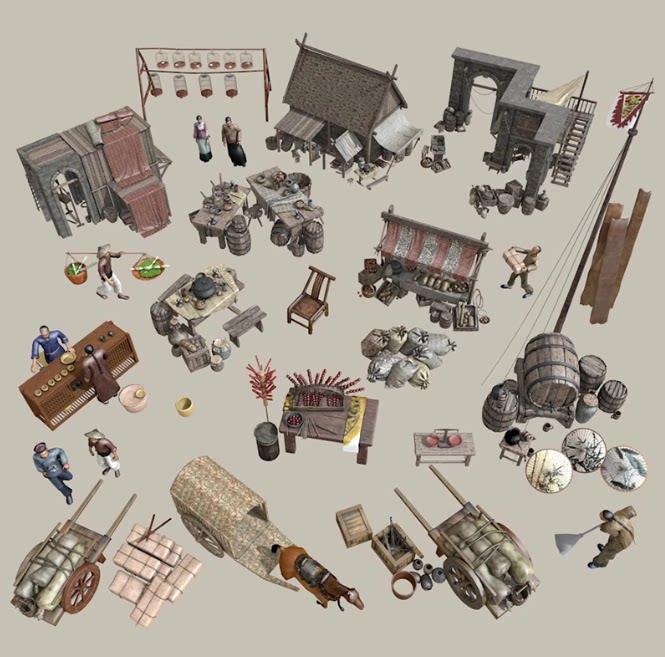 中式古代人商业街小品地摊位冰糖葫芦酒桶马车SU模型C4D素材FBX