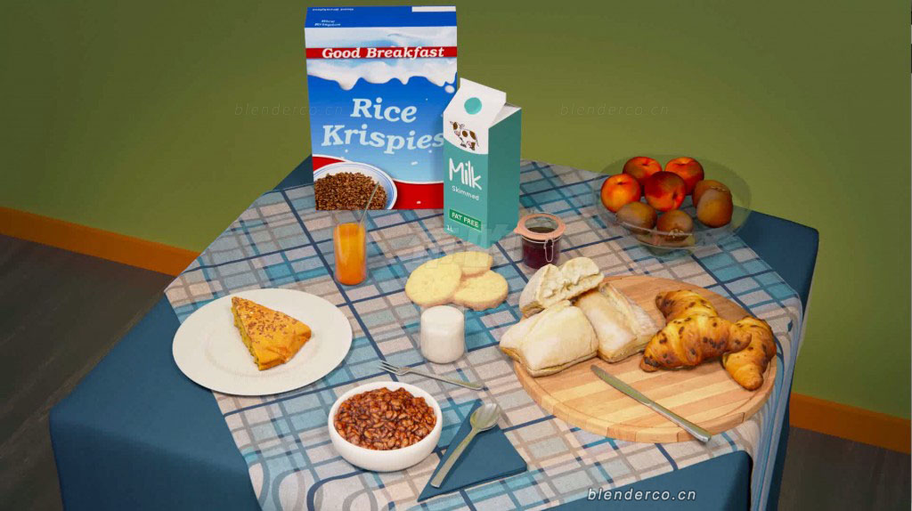 Blender水果餐桌食物牛奶面包模型