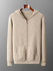 New Autumn and Winter Hooded Zipper Sweatshirt for Men, 100% Pure Wool Sweater, Thickened Casual Knitted Sweater Jacket