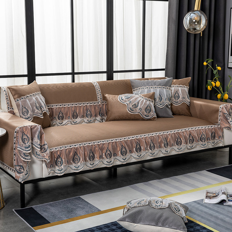 Eurostyle Ice Silk Sofa Cushion Lace Cushion Genuine Leather Corner Non-slip Cloth Art Sofa Cover American Combined Extravaganza