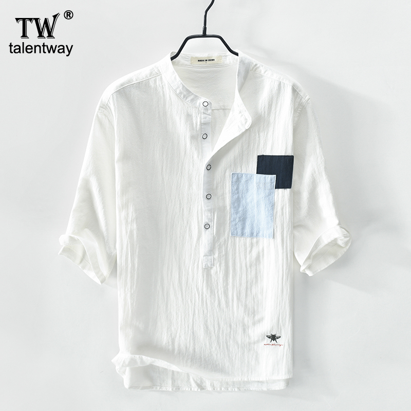 Summer Japanese Retro Cotton and Linen Three-Quarter Sleeve Shirt Men's Short-Sleeve T-Shirt Top Linen Material New Chinese Style Thin Style Summer Japanese Retro Cotton and Linen Three-Quarter Sleeve Shirt Men's Short-Sleeve T-Shirt Top Linen Material New Chinese Style Thin Style