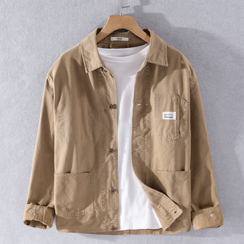 Spring and Autumn American Casual Jacket for Men, Japanese Retro Multi-Pocket National Trend Workwear Pure Cotton Hong Kong Style Lapel Jacket