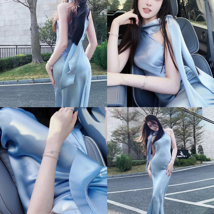Triacetate Satin Ribbon Long Dress Halter Neck Fairy Solid Color Dress 26 New Sexy Socialite French Elegant Slim Fit