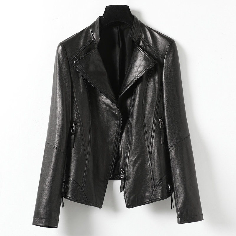 Haining Spring Autumn Genuine Leather Jacket Woman Semi-Planted Tannic Sheep Leather Short and upturned leader Fashion Locomotive Leather Clothing conspicuy