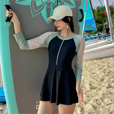 Retro one-piece swimsuit black conservative skirt strap backless half-sleeved girl Hot Spring Professional thin swimsuit