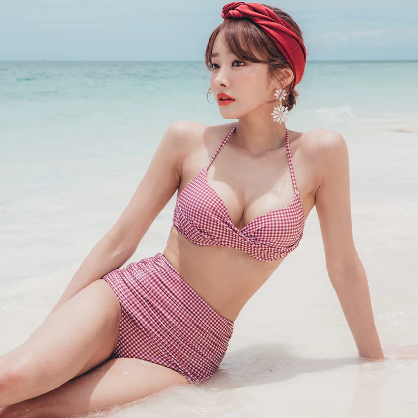 2019 retro ngọt ngào áo tắm kẻ sọc đi biển bikini bikini cô gái eo cao đã mỏng che thịt mùa xuân nóng - Bikinis