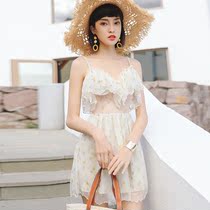 Swimsuit ladies sexual skirt style one-piece flat corner covering belly thin conservative small chest gathering Han Lu back strap swimsuit