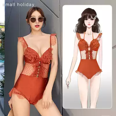 Ins style European and American net celebrity sexy one-piece conservative thin belly covering bikini lace gathered hot spring bathing suit women