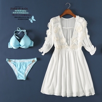 Beach swimsuit womens three-piece conservative bikini blouse small chest gathered lace Sexy thin spa swimsuit