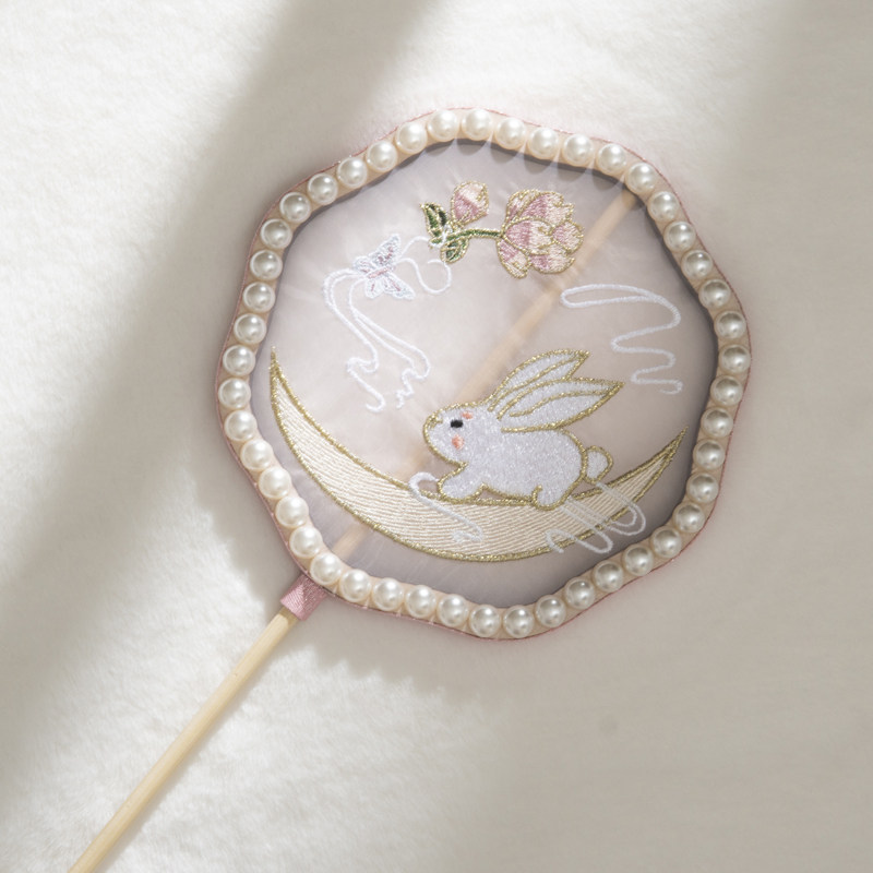 Children's ancient air show fan girl baby translucent embroidery hand fan long handle dance fan fan coupled with