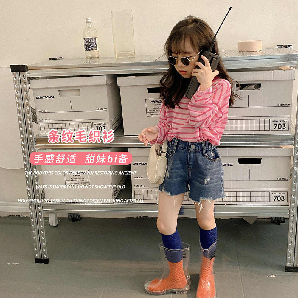 Girl Striped Knit Hooded Sweatshirt Sunscreen 2021 Autumn Han Edition Children's Baby Round Collar Long Sleeve Mesh Red Undershirt Tide