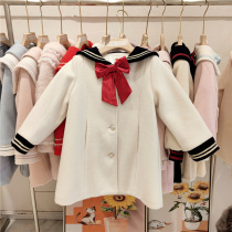 Girl clip cotton great coat winter clothing childrens college wind navy bow tie warm medium long style jacket foreign air tide