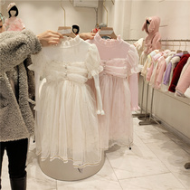 Girl Princess Dress Winter Dress Korean Version Childrens Agaric Side Sweater Skirt Splicing Mesh Yarn Pearl Bubble Cuff Clot Dress Damp