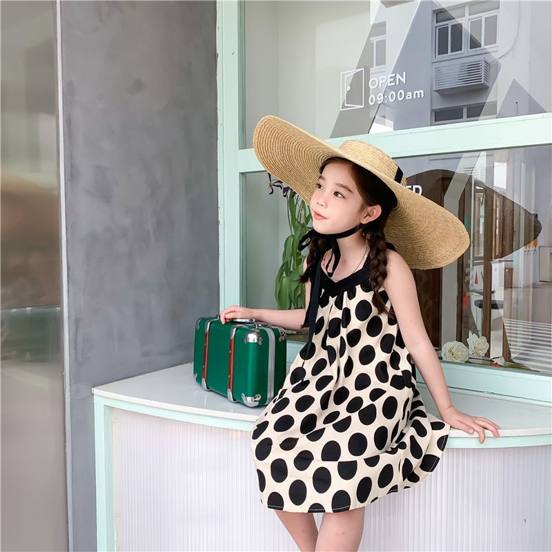 Girls Beach Holiday Skirt 2021 Summer New Korean Children's Dot Vertical Stripe Sling Backless Long Skirt Foreign Style