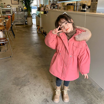 Girl gush with cap cotton clothing 21 Winter Korean version female baby thickened with fur collar Long style Overcoming Warm Jacket