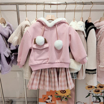 Girl gush with cap and sweatshirt adorable hair Plaid Short Skirt Winter Suit Korean Version Women Bao Rabbit Blouse Tide