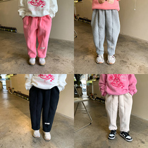 Children plus suede trousers 21 Winter Han version Mens and womens baby baby Leisure loose Sports pants pure color 100 lap pants Chauder