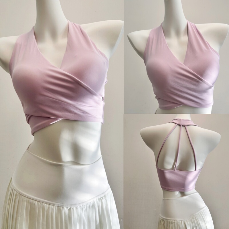 Sexy Deep V Cross-Pleated Halter Back Yoga Top with Fixed Cups and Anti-Shock Gathering Effect Sexy Deep V Cross-Pleated Halter Back Yoga Top with Fixed Cups and Anti-Shock Gathering Effect