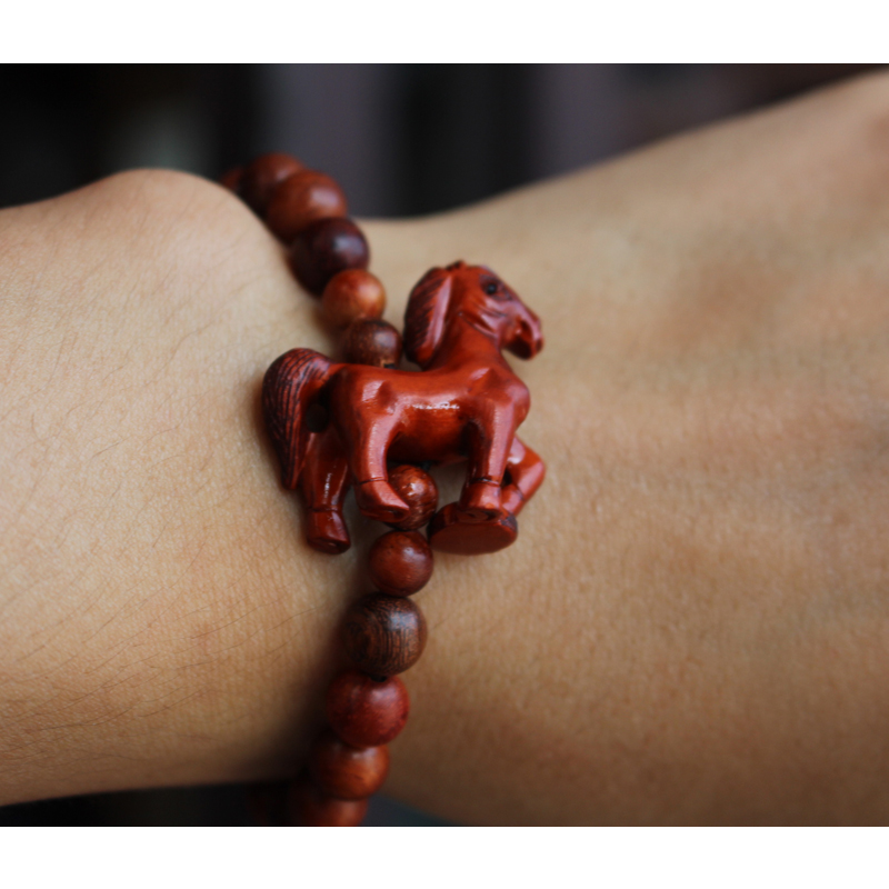 Chinese zodiac peach wood horse hand-carved Buddha bead natal year wooden hand-carved bracelet three-in-one six-in-five elements and three meetings