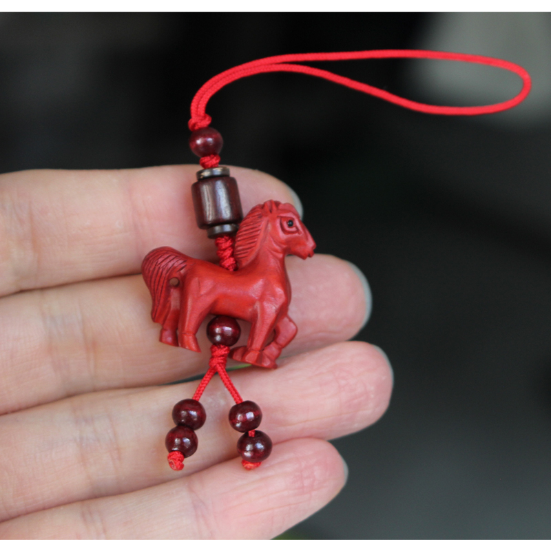 Red Peach Wood Zodiac Animal Phone Charm Keychain - Zodiac Signs: Horse, Rat, Ox, Tiger, Dragon, Snake, Sheep, Monkey, Rooster, Dog, Pig