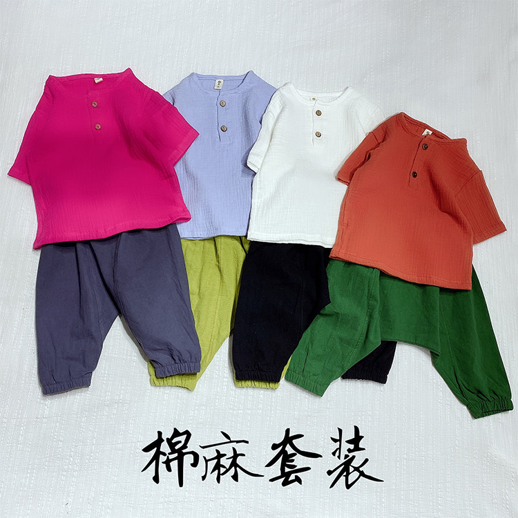 Boy summer fit 2021 new foreign pie suit baby summer short sleeve handsome young boy summer cotton linen two sets of damp