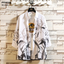 Ancient style Hanfu ice silk shirt mens short-sleeved loose retro taoist robe shirt three-point sleeve trend jacket mens Chinese style