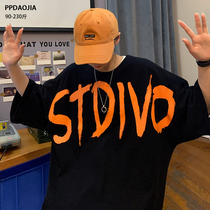 English printing short-sleeved t-shirt mens fashion brand summer loose couple half-sleeve hip-hop trend oversize top men