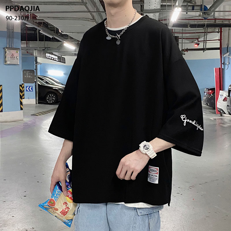 Summer trendy brand labeling simple short-sleeved t-shirt men's loose large size plus fat people all-match three-quarter-sleeved trendy clothes