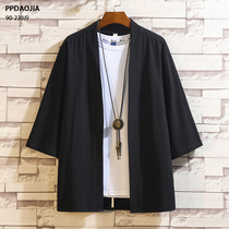 Three-quarter-sleeved shirt mens short-sleeved loose Chinese style kimono Hanfu Taoist robe Korean version of the trend thin jacket mens summer