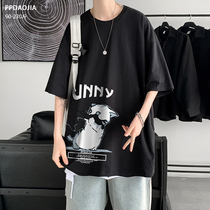 Finger sucking cat print short-sleeved t-shirt mens fashion brand ins summer loose couple half-sleeve Korean version of the trend of wild clothes