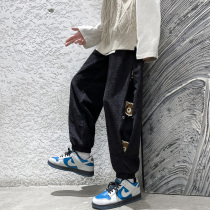 Spring Autumn Tide Signs Ins Little Bear Light Core Suede Buttons Pants Men Loose Big Code Bunches Sports Pants Casual Long Pants Men