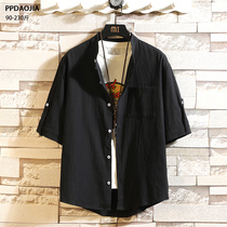 Spring and autumn Japanese linen shirt Mens short-sleeved loose large size fat cotton and linen shirt three-point sleeve jacket mens Chinese style