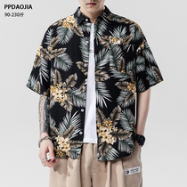 Japanese plus size loose ruffian handsome shirt jacket mens casual wild flower shirt short-sleeved trend retro shirt top