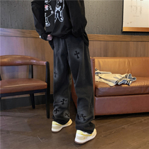 Spring Autumn Tide Signs High Street Spray Jeans Men Loose Straight Barrel Casual Long Pants Trendy American Vibe Pants