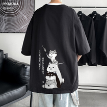 Folding cat print short-sleeved T-shirt mens fashion brand ins summer loose large size couple half sleeve trend oversize clothes