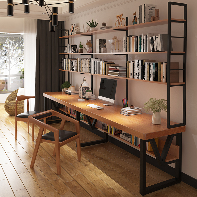 Solid Wood Desk and Bookshelf Integrated Wall-Mounted Bedroom Bookcase Office Desk Writing Desk Home Double Long Computer Desk