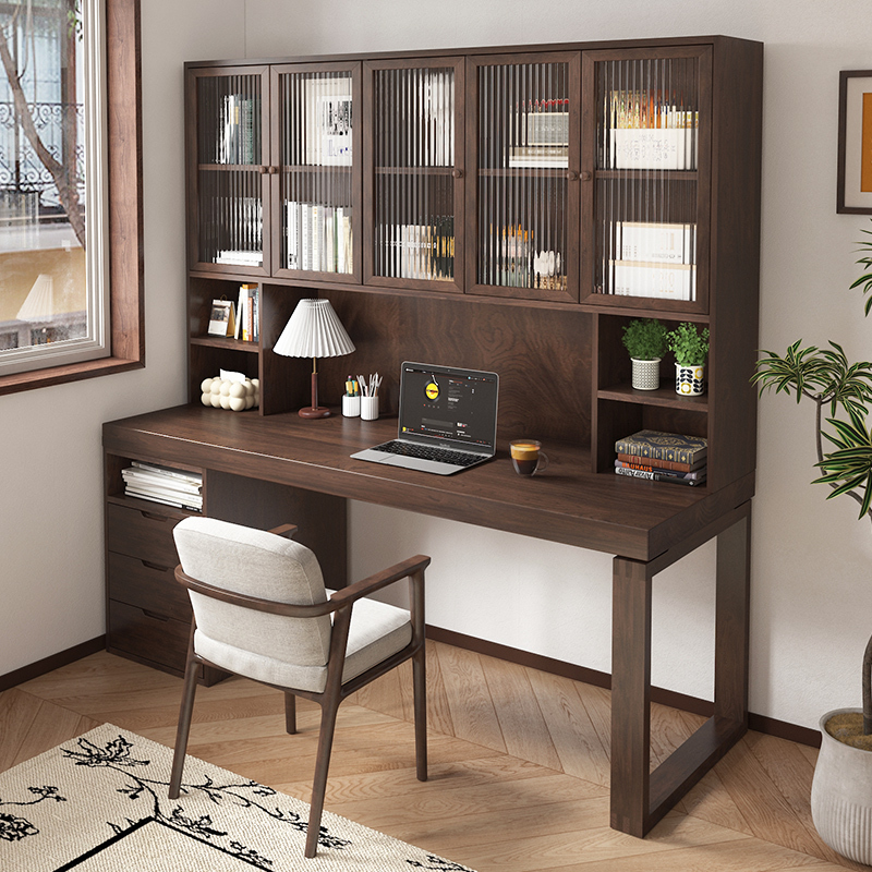 All Solid Wood Desk and Bookcase Integrated Wall-Mounted Workbench for Writing, Office, Study, Bedroom, Home Computer Desk with Drawers