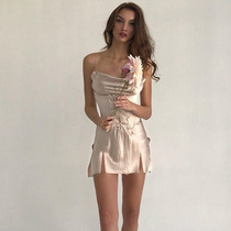 Womens Satin Comfortable Night dress Thin shoulder strap Sexy Slim-fit double split dress Strap Waist A-line short skirt Summer