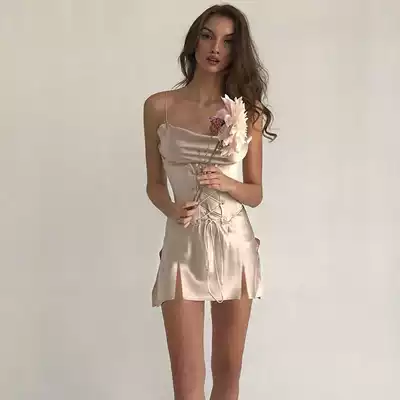 Women's Satin Comfortable night dress Thin shoulder strap Sexy slim-fit double switch Fork dress Strap Waist A-line short skirt Summer